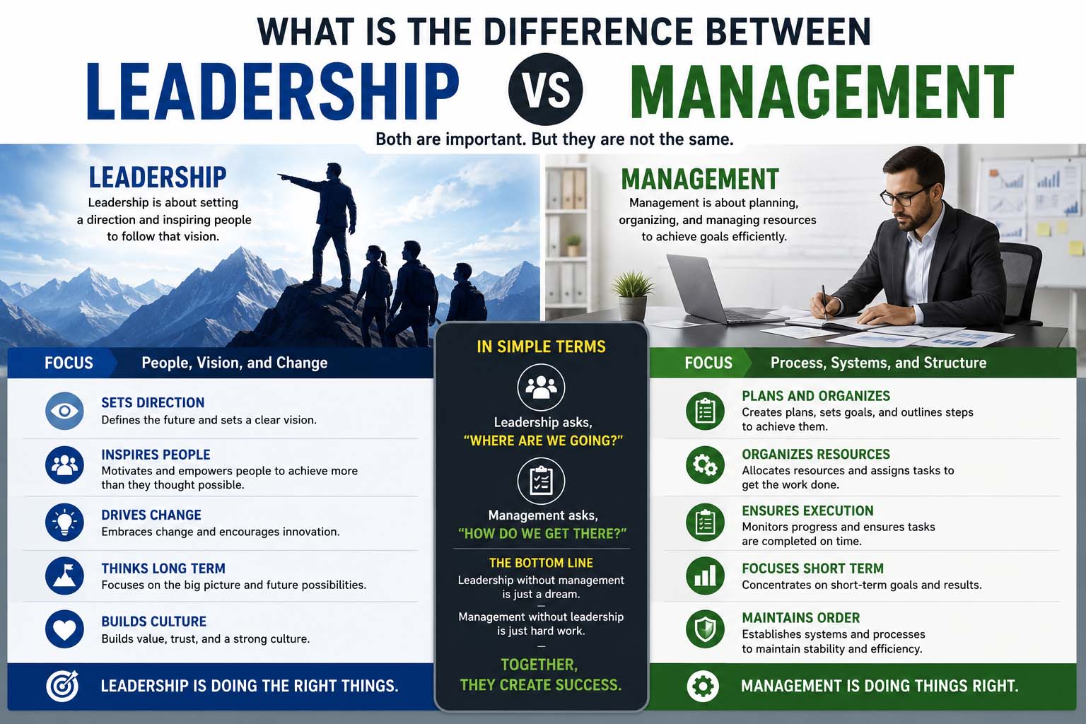 what is the difference between leadership and management
