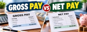 Gross pay vs net pay comparison showing payroll calculations, employee earnings, deductions, and take-home pay.