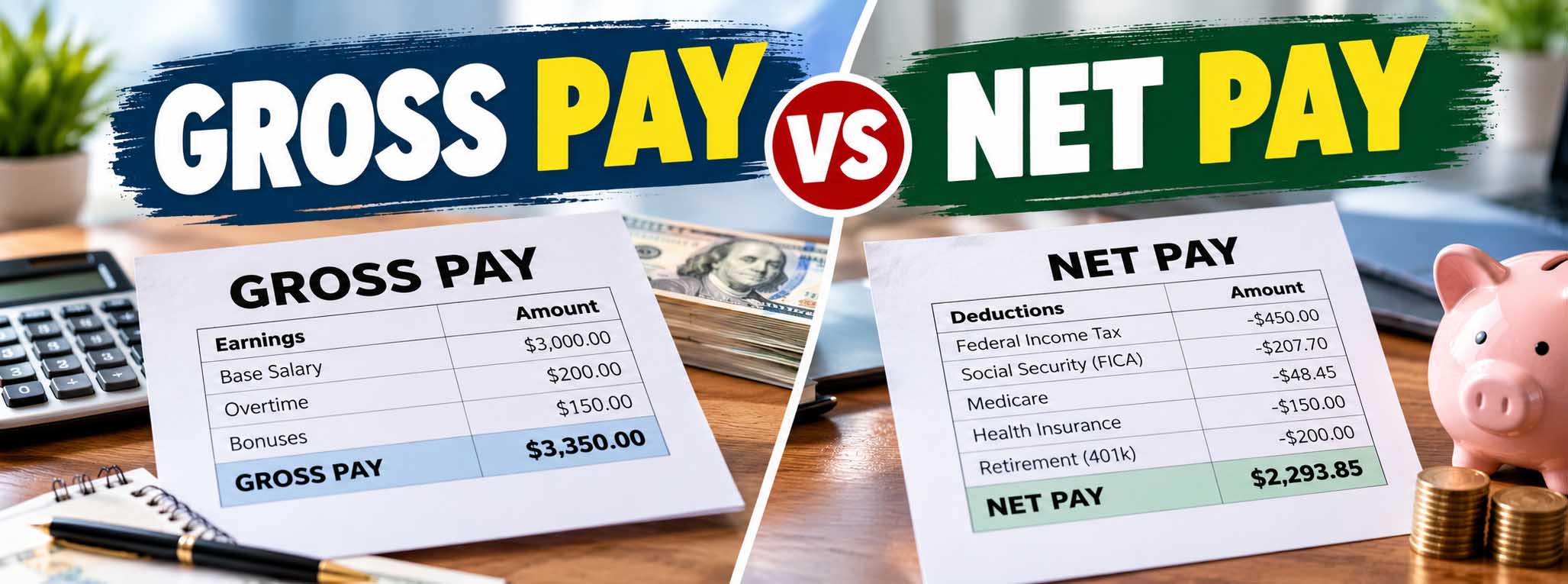 Gross pay vs net pay comparison showing payroll calculations, employee earnings, deductions, and take-home pay.